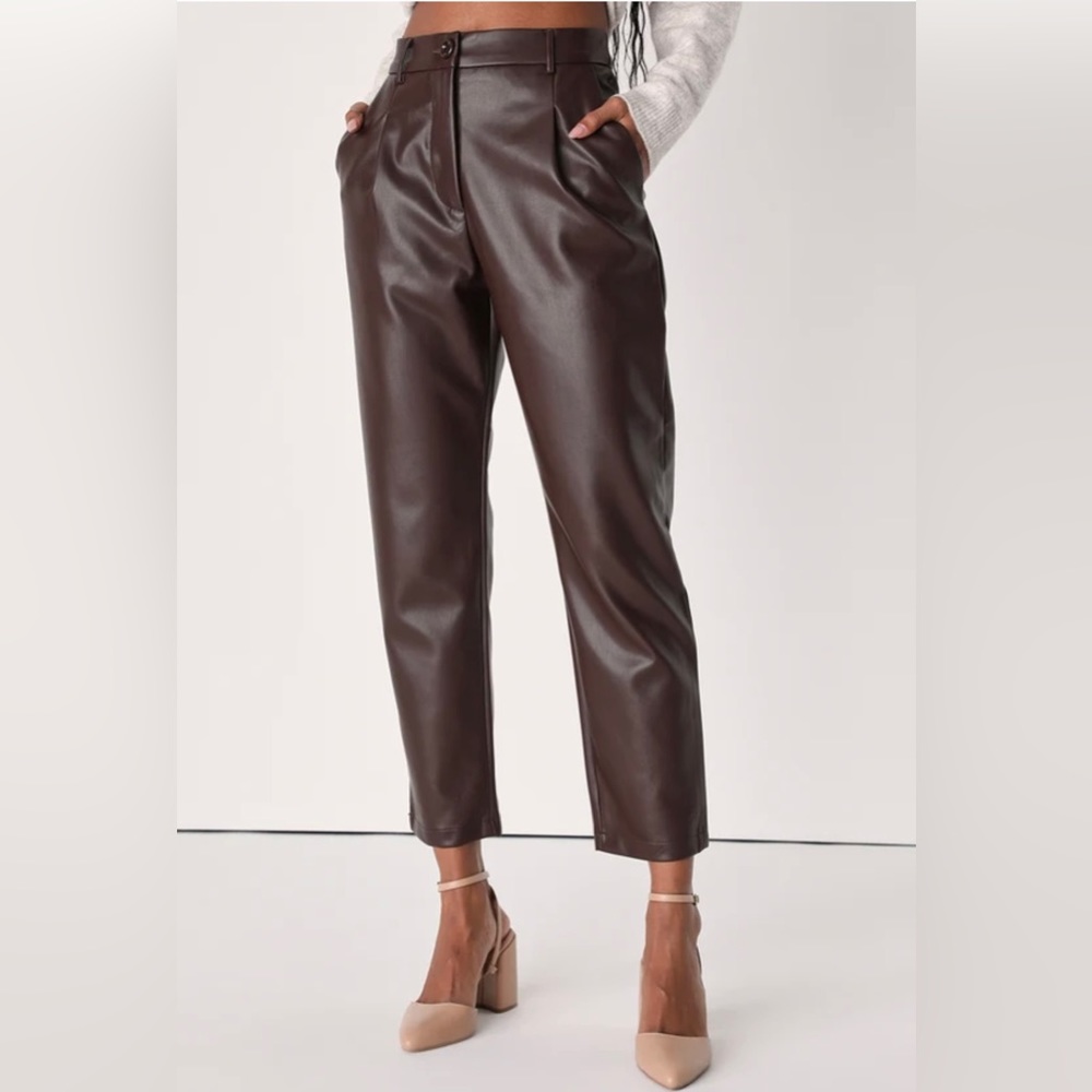 Dark Brown Vegan Leather High Waisted Trouser Pants
